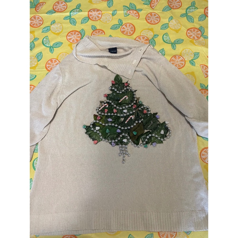 Christmas Women Basic Editions Ugly Sweater XL Oatmeal 3D Tree Beaded Candy Cane